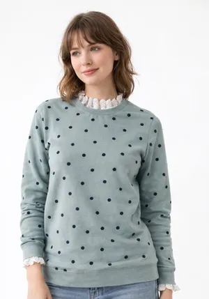 Boden blue polka dot sweatshirt with lace trim #polkadot #lacetrim #sweatshirt thumbnail 1