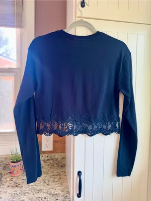 Miss Selfridge ASOS Black Long Sleeve Crop Top Lace Hem Size 2 Small thumbnail 3
