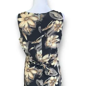 Vintage 90s Maxi Dress Black Tropical‎ Dark Floral Brown Sleeveless Bow Detail thumbnail 7