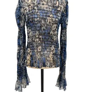 Free People Hello There Top‎ Blouse Smocked Flare Sleeve Mesh Floral Blue Large thumbnail 6