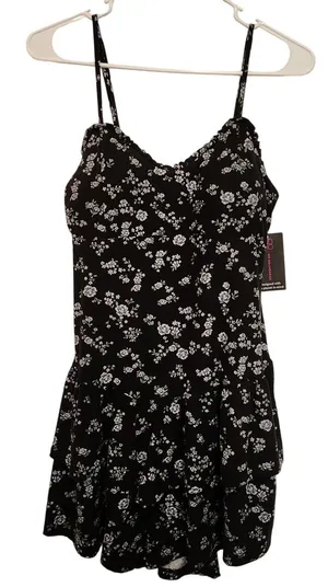 No Boundaries Black Floral Sleeveless Tiered Ruffle A-Line Mini Sundress Large thumbnail 1