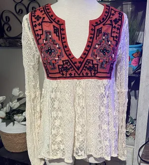 Free People Cream Lace Top with burnt orange Embroidery size small thumbnail 1