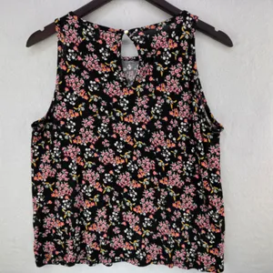 Loft Tank Top Sz M Black multicolor flowers back keyhole gold button thumbnail 2
