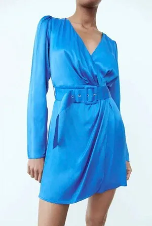 ZARA New with tags Blue Satin Effects Belted dress. thumbnail 1