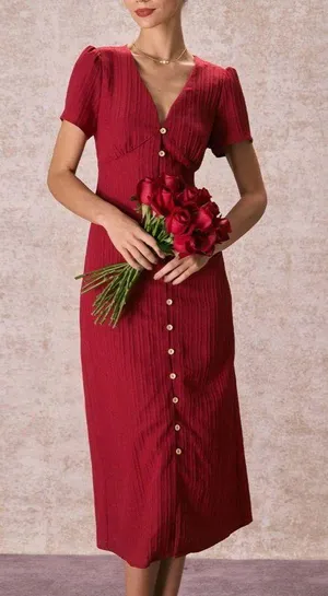 Rihoas Red V Neck Shirred Puff Sleeve Midi Dress thumbnail 4