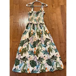 Anthropologie Corey Lynn Calter Olivia Tropical Bird linen smocked midi dress M thumbnail 8