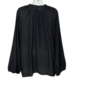Ann Taylor Womens XL Black Tie Neck Peasant Blouse Long‎ Raglan Sleeve Top thumbnail 2