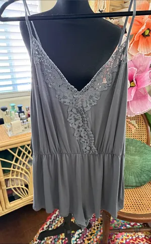 Victoria's Secret Adore Me Mariska Slate Gray Femme Lace Sleep Romper thumbnail 1