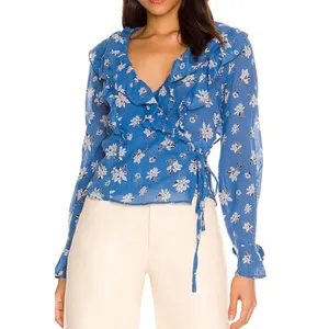 Free People Amanda Ruffle Detail Wrap-Style Blouse in‎ Blue Floral XS thumbnail 5