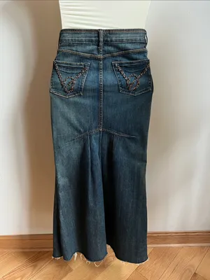 bebe vintage long denim skirt beaded Logo Dark raw edging Denim button fly thumbnail 4