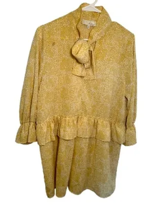 Pinch Womens Size Large Ruffle Dress Yellow White Geometric Dot Pattern Neck Tie thumbnail 1