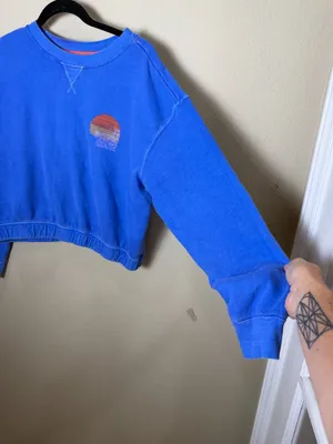 BILLABONG Faded Royal Blue Cropped Sweatshirt Scenic Route 73 Sunset Size Small thumbnail 4