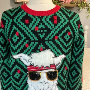 Christmas Jolly Sweater Llama Jingle Bell Green Red Sequins Ugly Oversized thumbnail 5