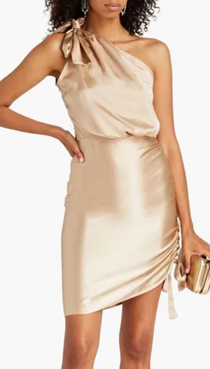 RETROFÊTE Nadia One-shoulder Ruched Stretch-Silk Satin Mini Dress Sz L Champaign thumbnail 1