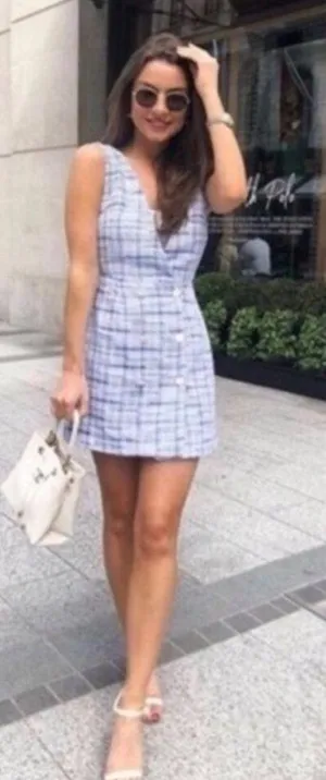 ZARA Blue and White Tweed Plaid Pinafore Mini Dress Medium Double Breasted thumbnail 1