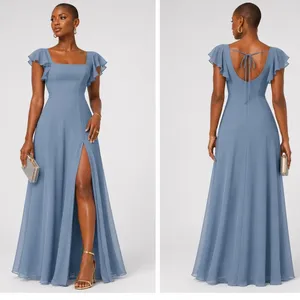 Azazie Womens A6 Dusty Blue Chiffon Flutter Sleeve Floor Length Bridesmaid Dress thumbnail 2
