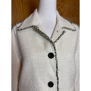 Amanda + Chelsea Natural Tweed Fringe Button Front Jacket Cream Black NWT M thumbnail 2