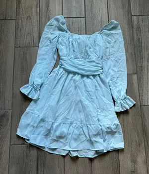 Light Blue Puff-Sleeve Mini Dress with Waist Sash thumbnail 1