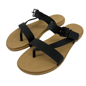 Crocs Tulum Toe Post Sandal Black Tan Women 6 Strappy Slip On Flip Flop Buckle thumbnail 1
