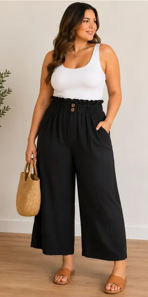 Women’s Black Paperbag Waist Wide Leg Cropped Pants 2XL Pull On Plus Size Pocket thumbnail 1
