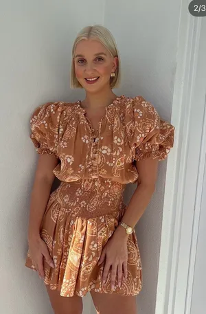 Sabo Skirt Iliana‎ Paisley Smocked Waist Puff Sleeve Mini Dress Size XS thumbnail 1