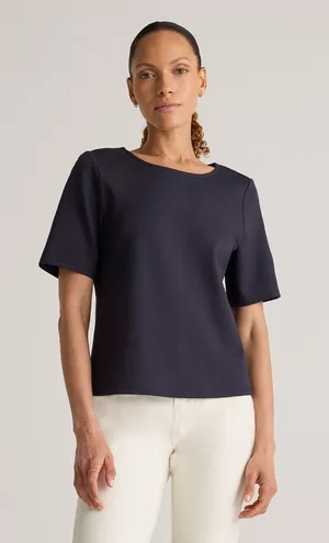 Quince Dark Blue Ultra Stretch Ponte Short Sleeve Top thumbnail 1