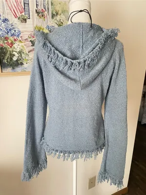 Takeout Y2K Vintage Fringed Trim Cuff Penny Lane Hooded Knit Zip Up Sweatshirt thumbnail 4