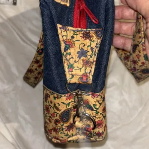 Blue Denim Handbag With Floral Corklike Design On Bottom & Handles Red Interior thumbnail 5