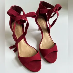 Anthropologie Schutz Tilan Red Suede Ankle Tie Stiletto Heels Women's Size 9 thumbnail 8