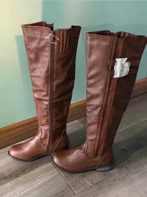 Faux Leather Over-the-Knee Riding Boots Brown with Buckles. thumbnail 3