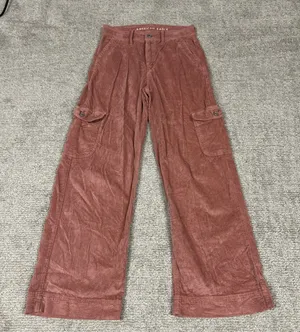 American Eagle Pants Womens 0 Short Pink Corduroy High Rise Cargo Baggy Wide Leg thumbnail 1