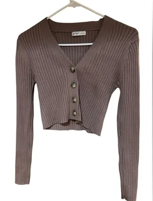 Aster Ribbed Knit Cropped Cardigan in Chocolate Brown Size L thumbnail 1