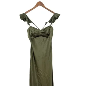 Lulus Exuberant Luxury Olive Green Satin Ruffled Lace-Up Maxi Dress size M NWT thumbnail 5