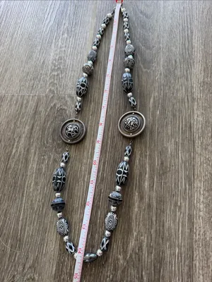 Bohemian whimsy goth witchy black white long necklace beaded medallions thumbnail 6