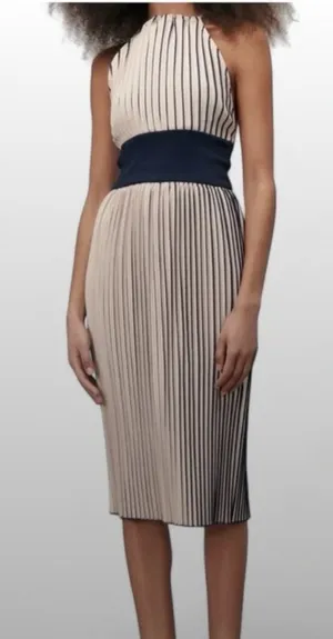 Zara Beige Pleated Halter Midi Dress with Navy Waistband thumbnail 1