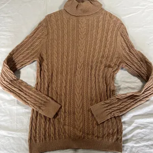 Lands End Cable Sweater Womens Small Turtleneck Tan/Brown Long thumbnail 1