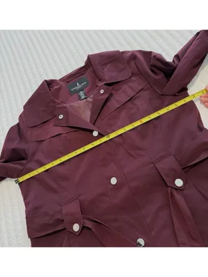London Fog Burgundy Belted Collared Trench Coat Sz L Large Missing The Hood thumbnail 6