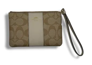 Coach Signature Canvas Wristlet Khaki Chalk Corner Zip Gold Hardware Classic‎ thumbnail 1