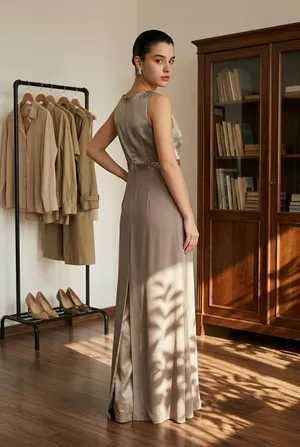 Jovani New York Beaded 2-Piece Evening Gown and Bolero Jacket Set, Taupe thumbnail 2