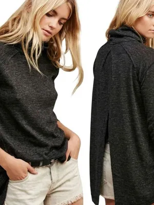 WE THE FREE People Charcoal Split Back Long Sleeve Turtleneck Tunic Top thumbnail 2