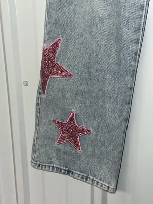 Y2K Barbiecore Pink Rhinestone Star Wide Leg Jeans Bedazzled Festival Glam thumbnail 7