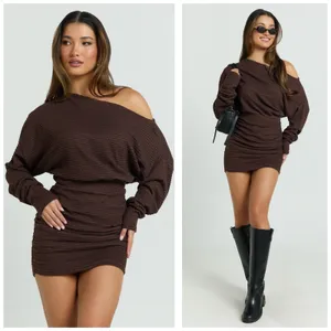 Showpo Alyce Mini Dress Size 4 Brown Ruched Off Shoulder Textured Knit thumbnail 2