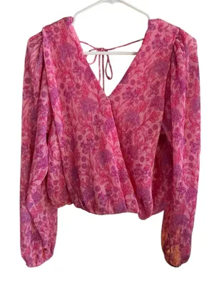 Japna Pink & Purple Floral Wrap Blouse with V-Neck, Tie Back. Boho Romantic thumbnail 1