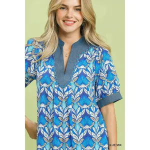 Umgee Mix Tile Print Mini Dress - Blue Mix - Small thumbnail 4