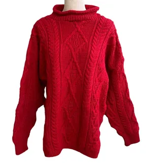 Irish Homecraft Red 100% Oiled Wool Cable Knit Fisherman Sweater Ireland Large thumbnail 1