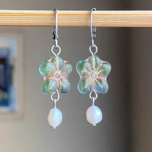Handmade quality Czech glass flower beads & natural shell pearls dangle earrings🩵💚 thumbnail 1