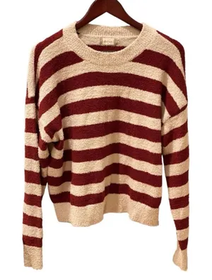 Altar’d State Red Taupe Tan Striped Fuzzy Sweater Soft M Retro Preppy Oversized thumbnail 1