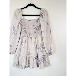 Aritzia Babaton Dress Gray Mini Floral Organic Linen Smocked Babydoll Boho Small thumbnail 5