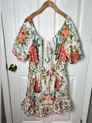Farm Rio Off-White Bloom Garden Euroflax Premium Linen Mini Dress L thumbnail 7
