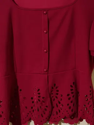 SHEIN Blouse Red Laser Cut Peplum Puff Sleeve Button Front XL Women thumbnail 3